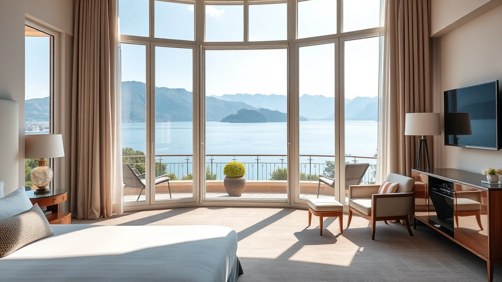 Elegant hotel room interior with large windows overlooking serene blue lake, mountains in distant background, contemporary Italian design with soft natural lighting, comfortable seating area visible