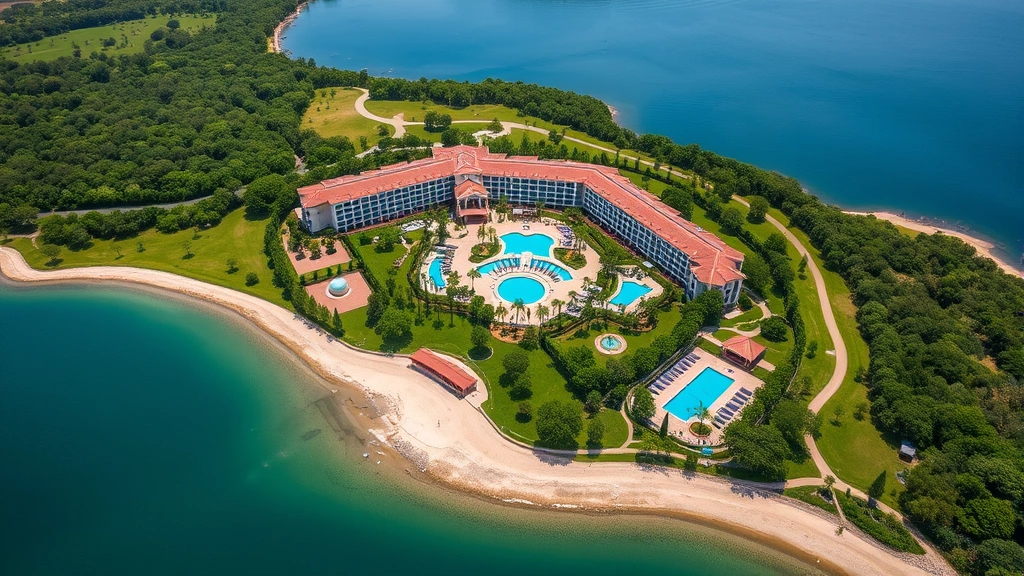 Aerial view of lakeside hotel property with manicured gardens, private beach area, multiple pools, surrounding green landscape and blue water, Mediterranean architecture visible from above