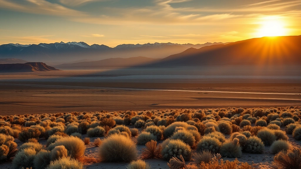 Desert high-altitude landscape with sagebrush and distant mountains at sunset, Nevada-Idaho border region, dramatic evening light casting long shadows across open terrain