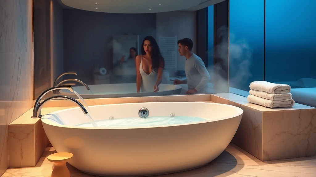 Luxurious modern bathroom with elegant white soaking tub featuring multiple jets and waterfall feature, warm ambient lighting, fluffy white towels stacked on marble shelf, steam rising from water, no people visible, photorealistic high-end resort style