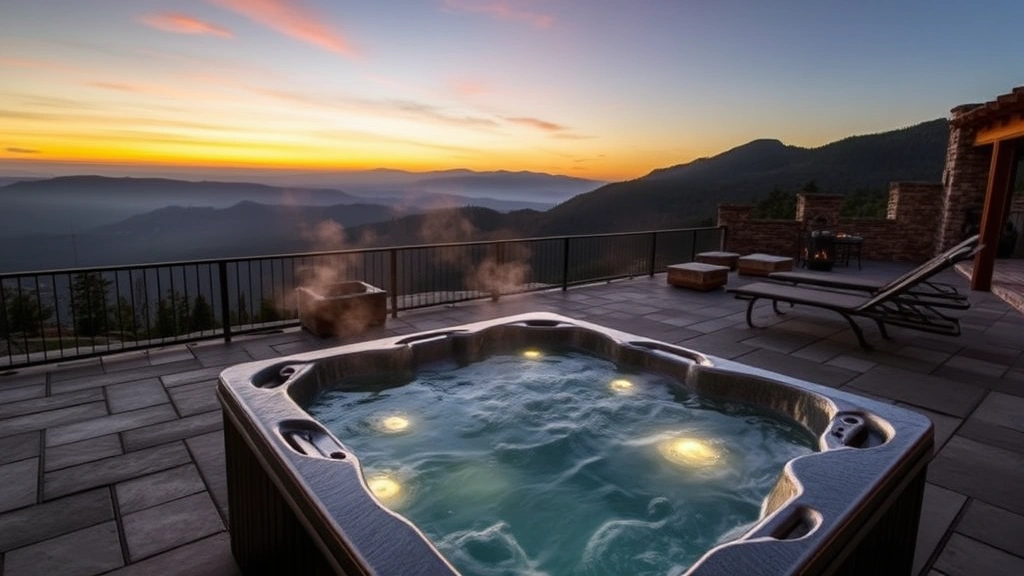 Outdoor heated jacuzzi on private resort terrace overlooking mountain landscape at sunset, surrounded by stone deck and lounge chairs, warm water with visible steam, natural lighting, peaceful spa atmosphere, no people