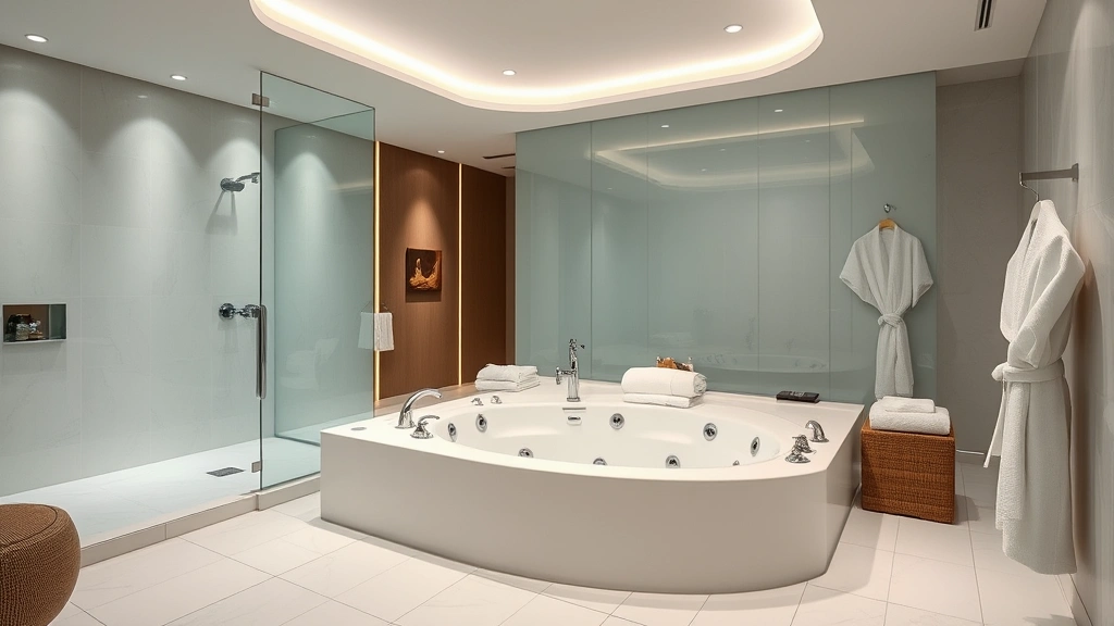 Spacious spa bathroom interior with large corner jacuzzi tub, contemporary fixtures, soft lighting from ceiling, glass partition wall, white tile work, fluffy bathrobes nearby, premium amenities visible, serene wellness environment