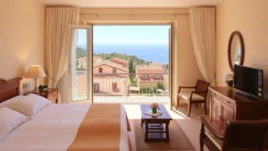 Sunlit Mediterranean-style hotel room with cream-colored walls, wooden furniture, and a spacious balcony overlooking a coastal Sardinian village with terracotta roofs and sea views in the distance