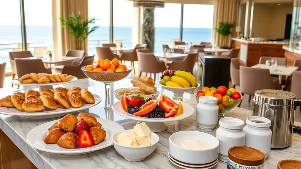 Elegant hotel breakfast buffet spread featuring fresh Mediterranean pastries, local cheeses, colorful fresh fruits, yogurt, and coffee service with a dining area backdrop showing ocean views through large windows