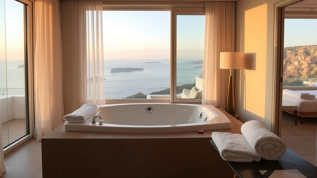 Luxurious hotel suite interior with a modern jacuzzi tub positioned near floor-to-ceiling windows, soft ambient lighting, fluffy white towels, and glimpses of the Sardinian coastline beyond