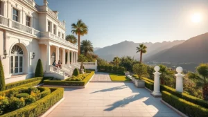Elegant luxury resort exterior with manicured gardens, white classical architecture, guests relaxing on terraces overlooking mountains, afternoon sunlight casting long shadows across pristine grounds, photorealistic architectural photography