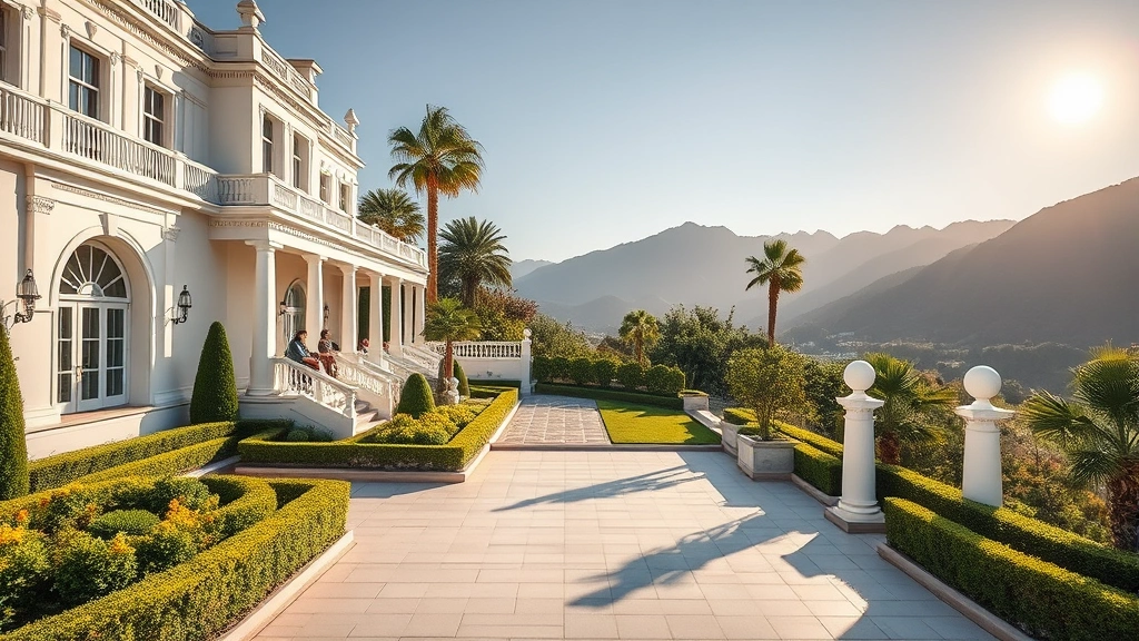 Elegant luxury resort exterior with manicured gardens, white classical architecture, guests relaxing on terraces overlooking mountains, afternoon sunlight casting long shadows across pristine grounds, photorealistic architectural photography