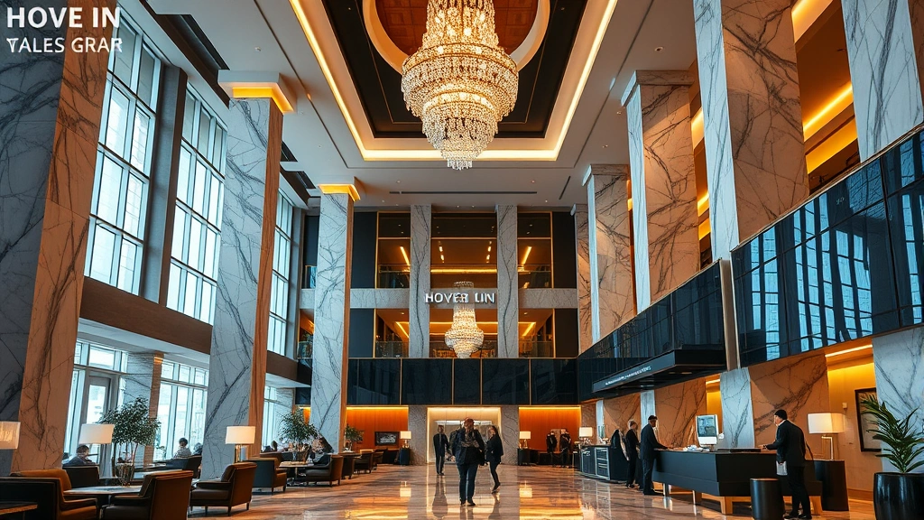 Modern hotel lobby interior with high ceilings, crystal chandeliers, marble columns, comfortable seating areas, guests checking in at reception desk, warm lighting creating welcoming atmosphere, photorealistic interior design photography