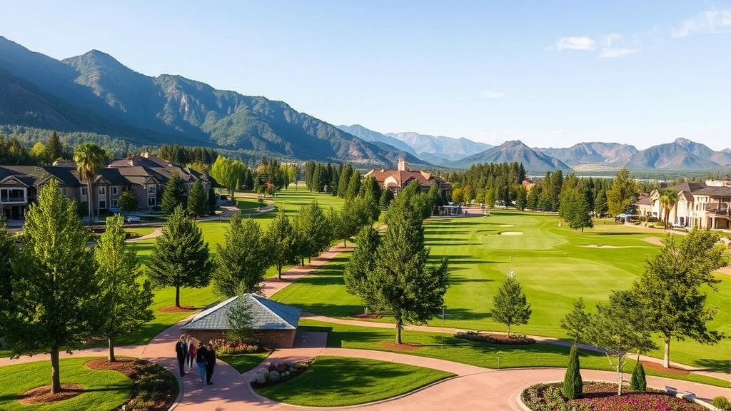 Resort grounds featuring golf course fairways, tree-lined paths, guests walking through scenic landscape, mountains in background, clear sky, well-maintained facilities, photorealistic landscape photography of luxury property grounds
