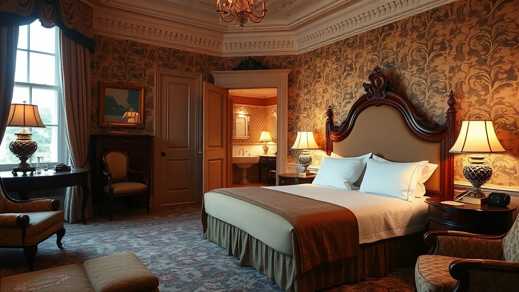 Luxurious hotel room interior with Victorian-style furnishings, ornate wallpaper, period antiques, comfortable bed with high-quality linens, modern bathroom visible through doorway, warm lighting from table lamps