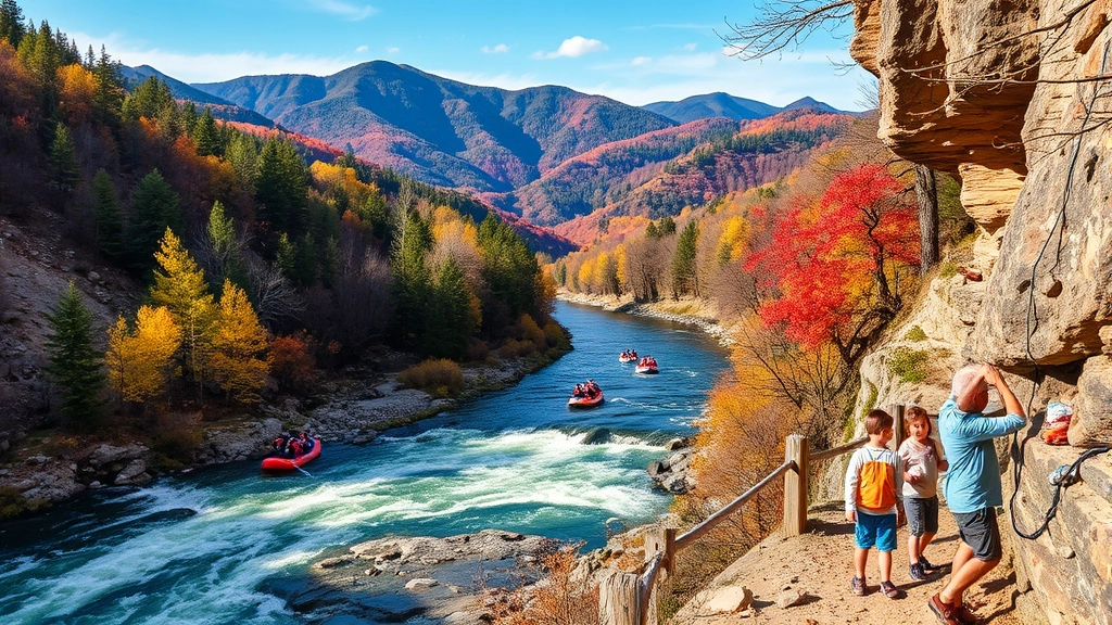 Outdoor adventure scene showing whitewater rafting on Lehigh River with forested riverbanks, hikers on mountain trail with scenic valley views, rock climbing wall, autumn trees, families enjoying outdoor activities