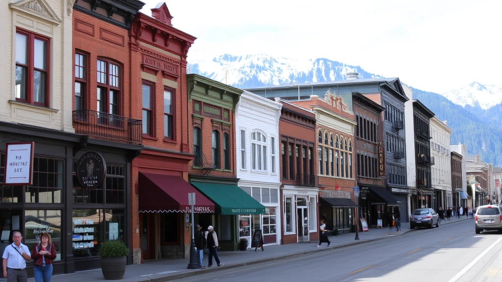 Downtown Juneau street scene with historic buildings, shops, and restaurants at ground level, mountains in background, visitors walking on sidewalks, natural daylight, no signage with text readable