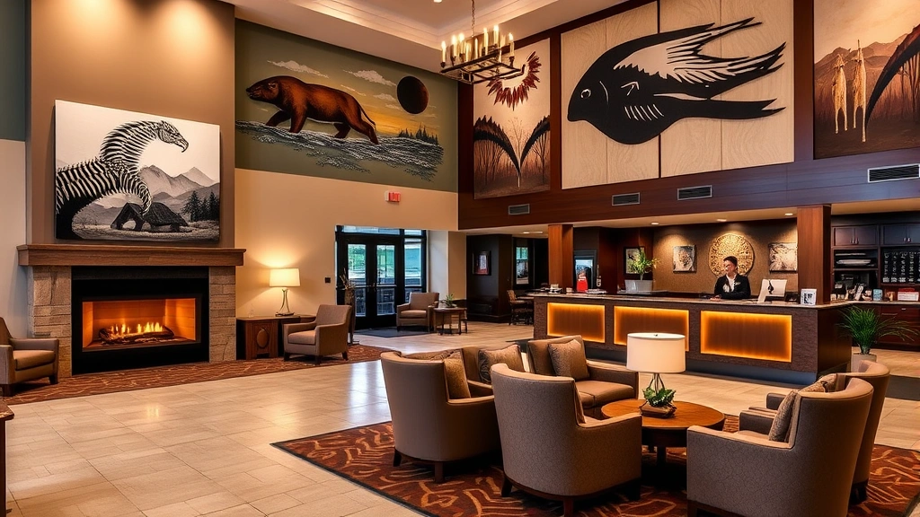 Luxurious hotel lobby with Alaskan native artwork on walls, fireplace, comfortable seating areas, professional staff at front desk, warm ambient lighting, no readable text or address signs