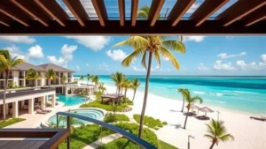 Luxury beachfront resort overlooking turquoise ocean waters with white sand beach, palm trees, and modern architectural design in tropical setting