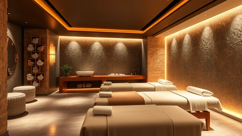 Upscale hotel spa and wellness facility interior featuring massage tables, warm lighting, natural stone elements, and serene relaxation environment