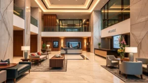 Luxurious modern hotel lobby with marble flooring, contemporary furniture, and welcoming reception desk with professional staff in upscale setting, warm ambient lighting, elegant interior design