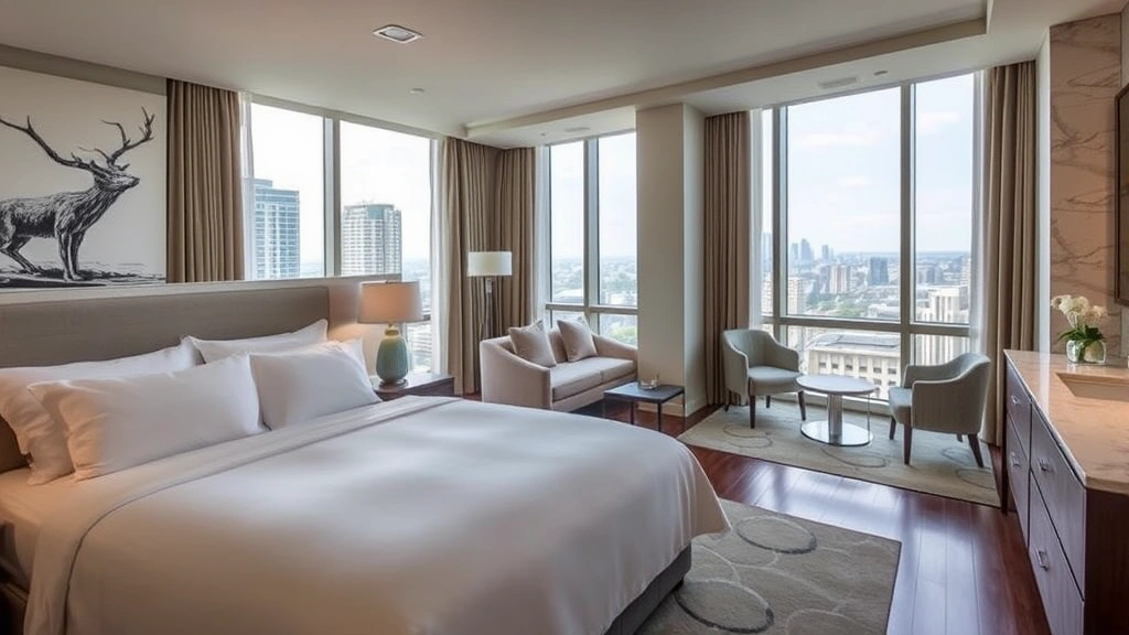Spacious hotel guest room featuring king bed with premium linens, modern furniture, large windows with city views, bathroom with spa amenities including rainfall shower and marble countertops