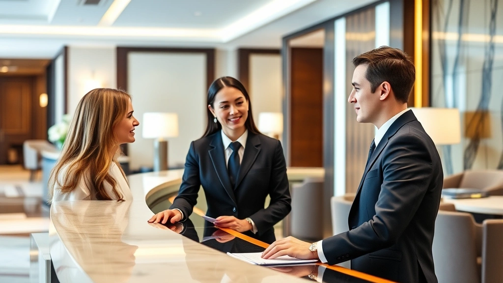 Hotel concierge or front desk staff assisting guests with reservation and travel planning at elegant desk, professional attire, helpful expression, upscale hotel interior background