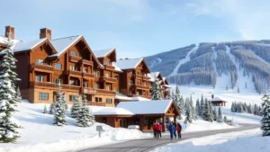 Ski resort hotel exterior during snowy winter with lodge-style architecture, snow-covered landscape, ski trails visible in background, guests walking toward entrance