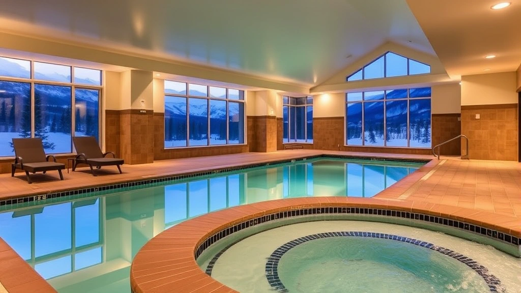 Indoor heated swimming pool with hot tub area, modern lighting, mountain view windows, lounge chairs beside pool, spa-like atmosphere