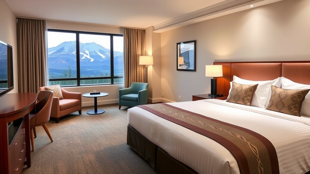 Hotel room interior with comfortable bedding, mountain view window, modern furnishings, clean contemporary decor, cozy seating area