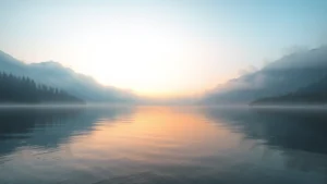 Serene alpine lake at dawn with misty mountains, peaceful water reflecting sky, no buildings or text visible, photorealistic landscape photography