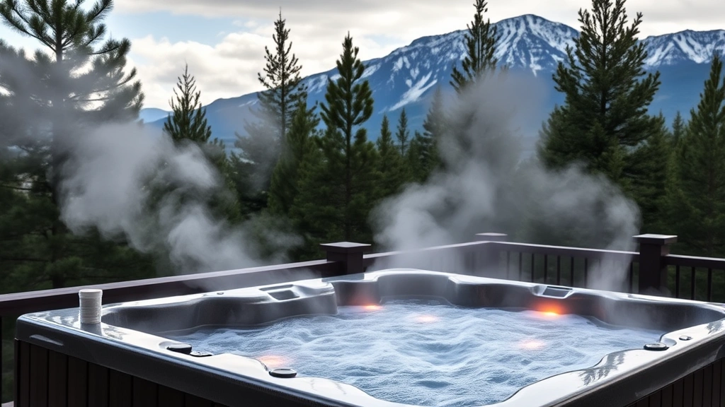 Upscale spa relaxation scene with heated outdoor hot tub surrounded by pine trees, steam rising, mountain backdrop, luxury resort setting, no people visible