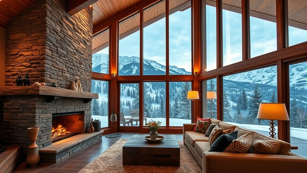 Modern cabin interior with stone fireplace, cozy seating area, mountain view through large windows, warm lighting, rustic-contemporary design aesthetic