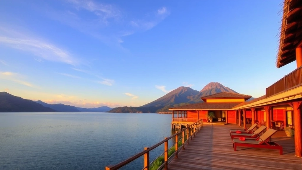 Serene lakeside hotel terrace at sunrise with calm blue water, dramatic volcanic mountains in background, traditional Mayan architecture, wooden deck with lounge chairs overlooking the lake, peaceful morning atmosphere