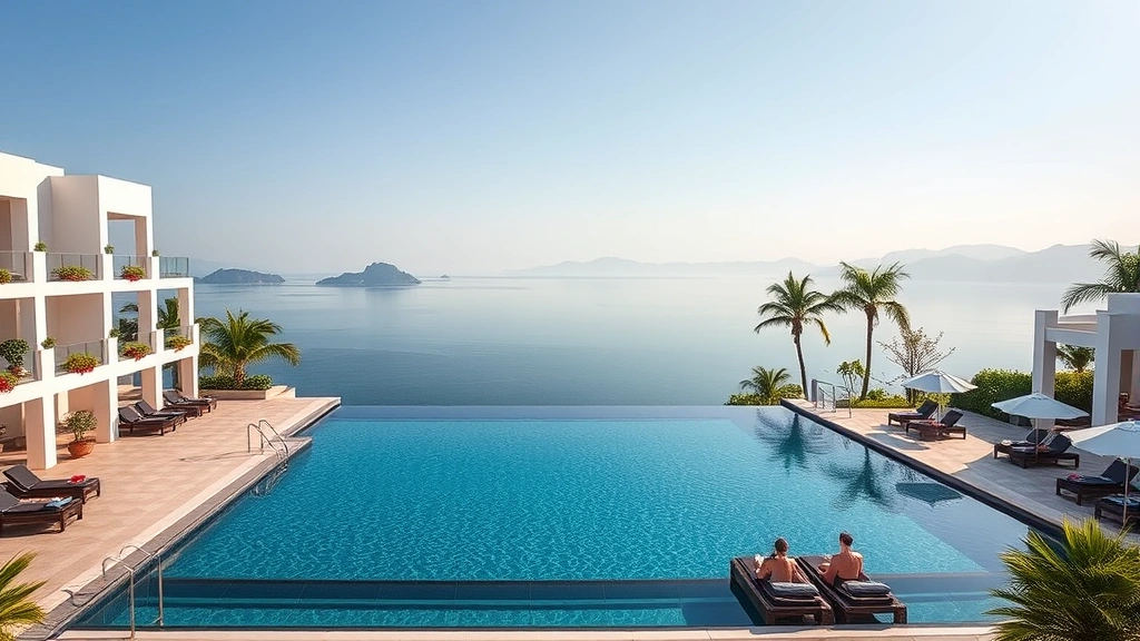 Modern hotel infinity pool seamlessly blending with lake horizon, luxury accommodations with white architecture, tropical plants and flowers, travelers relaxing poolside with mountain views, crystal clear water reflection