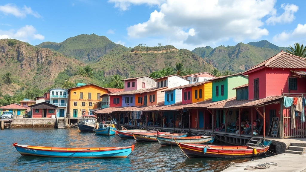 Colorful traditional Mayan village near waterfront with indigenous buildings, local market with handwoven textiles, dock with small boats, mountains rising behind village, authentic cultural landscape without text or signs