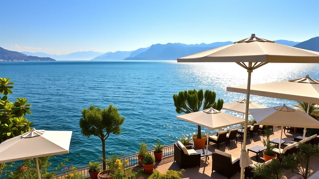 Serene lakefront hotel terrace with white umbrellas overlooking sparkling blue Lake Garda waters, Mediterranean gardens with lemon trees, comfortable lounge seating, golden hour sunlight reflecting on water, Italian Alps visible in distant background