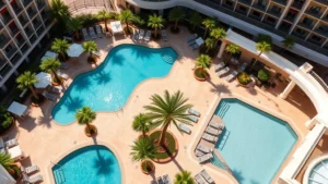Overhead view of a luxury Las Vegas hotel pool area with loungers and palm trees, daytime sunlight, no people visible, modern resort setting