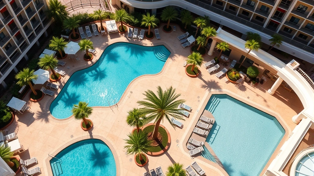 Overhead view of a luxury Las Vegas hotel pool area with loungers and palm trees, daytime sunlight, no people visible, modern resort setting