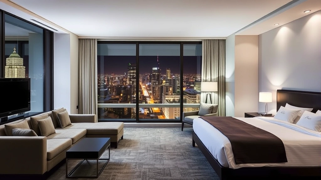 Modern hotel room interior with contemporary furnishings, large windows overlooking city lights, clean aesthetic, neutral color palette, no identifying text or addresses