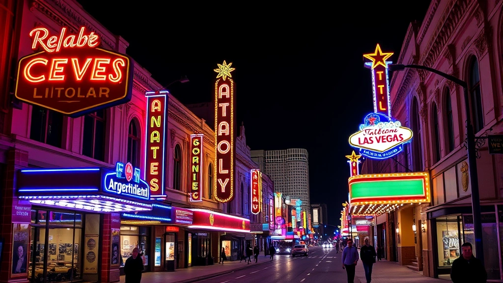 Exterior shot of downtown Las Vegas street with vintage neon signs and historic buildings, evening lighting, pedestrians walking, classic Vegas atmosphere