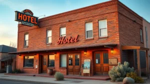 Historic brick hotel building with Southwestern architectural style, wooden entrance doors, vintage signage, desert landscape, golden hour lighting, no visible text or addresses