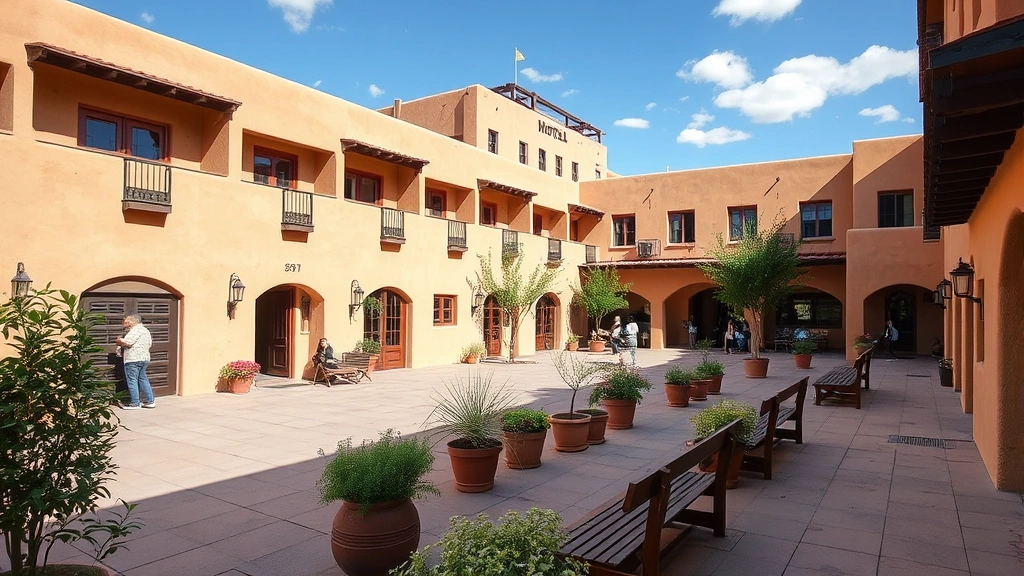 Hotel courtyard or plaza area with adobe-style architecture, potted plants, wooden benches, clear sky, regional charm, people relaxing, no visible signage or identifying markers