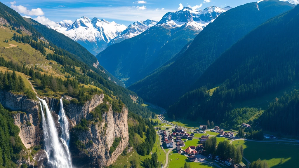 Aerial view of Lauterbrunnen valley with dramatic waterfalls cascading down vertical cliff faces, surrounded by snow-capped Alpine peaks, traditional Swiss chalets and hotels nestled in the verdant valley floor