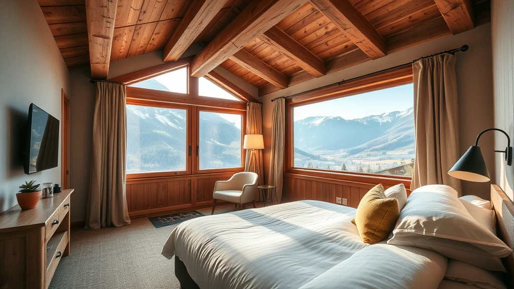 Cozy Alpine hotel room interior featuring wooden beams, large window with panoramic mountain valley views, comfortable bed with Swiss linens, warm lighting, and rustic-modern furnishings