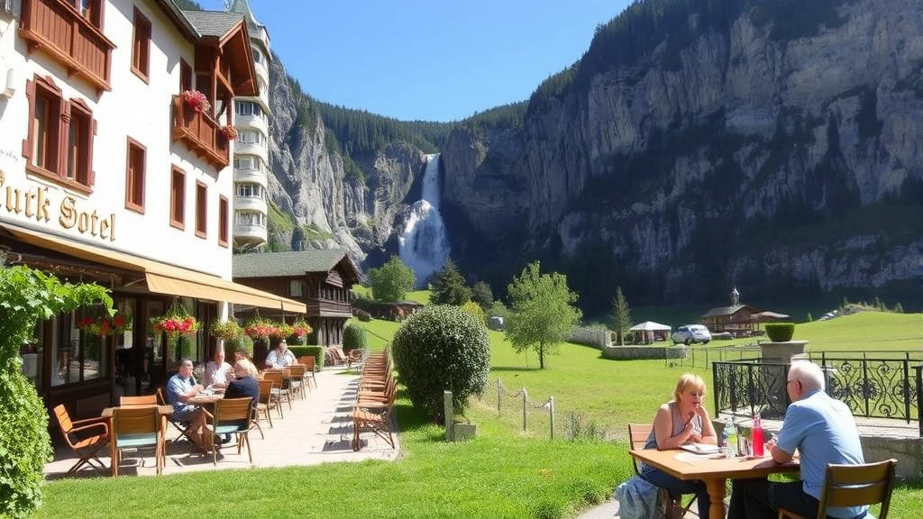 Outdoor terrace of mountain hotel with wooden tables and chairs, guests enjoying meals with Staubbach waterfall visible in background, dramatic cliff walls framing the scene, sunny Alpine meadow setting