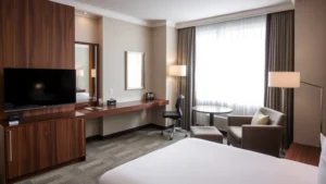 Modern hotel room interior with contemporary furnishings, flat-screen TV, work desk, and neutral color scheme in London mid-range accommodation style, professional photography, bright natural lighting