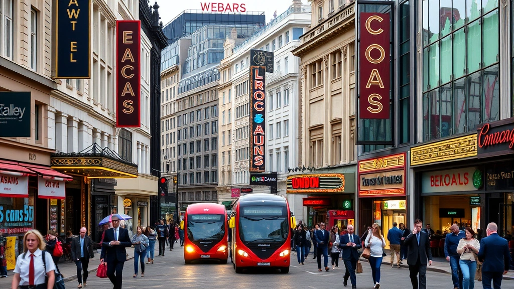 Bustling London West End street scene with theaters, restaurants, and pedestrians during daytime, vibrant urban atmosphere, authentic street-level perspective showing entertainment district activity