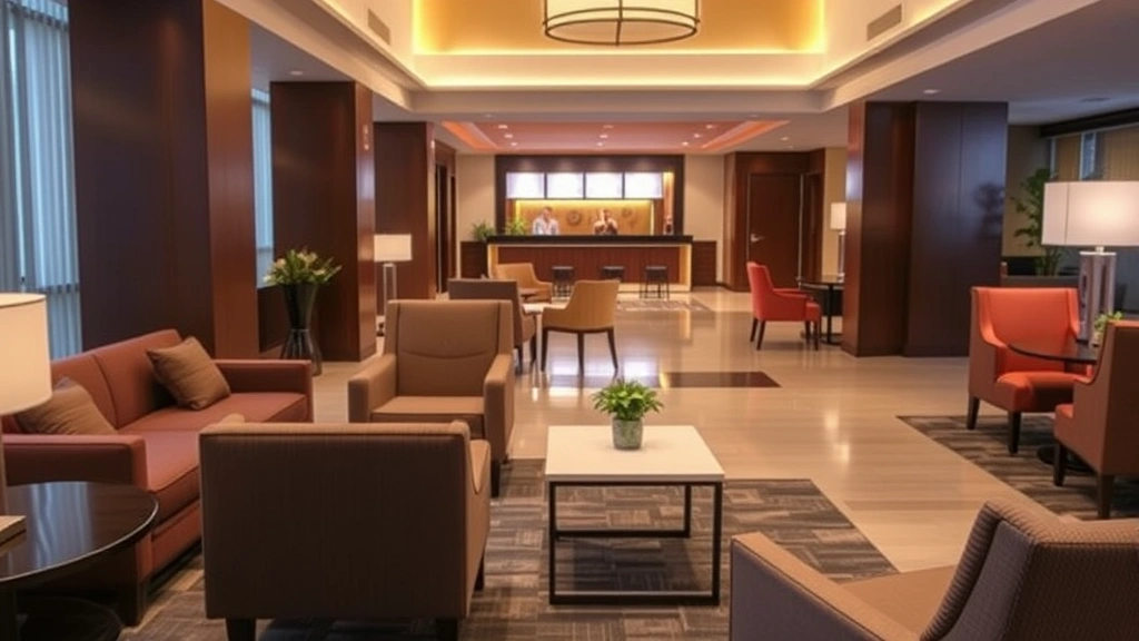 Comfortable hotel lobby with seating areas, modern décor, warm lighting, welcoming atmosphere, business center visible in background, professional hospitality environment