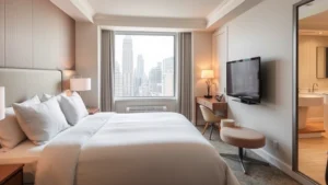 Upscale Manhattan hotel room with modern furnishings, white bedding, minimalist décor, warm lighting, city view window, compact but efficient layout, contemporary furniture pieces, clean bathroom visible in background