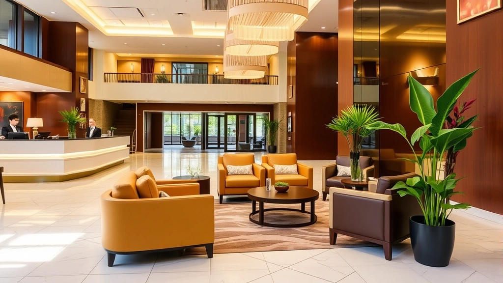 Bright, welcoming hotel lobby with contemporary design, comfortable seating areas, modern lighting fixtures, marble or polished flooring, professional front desk staff assisting guests, potted plants adding greenery