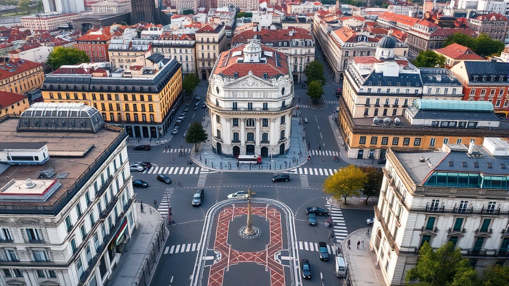 Overhead view of Milan city streets with buildings, public transportation vehicles, pedestrians walking, parks and urban infrastructure visible, showing central location and connectivity of the hotel's neighborhood