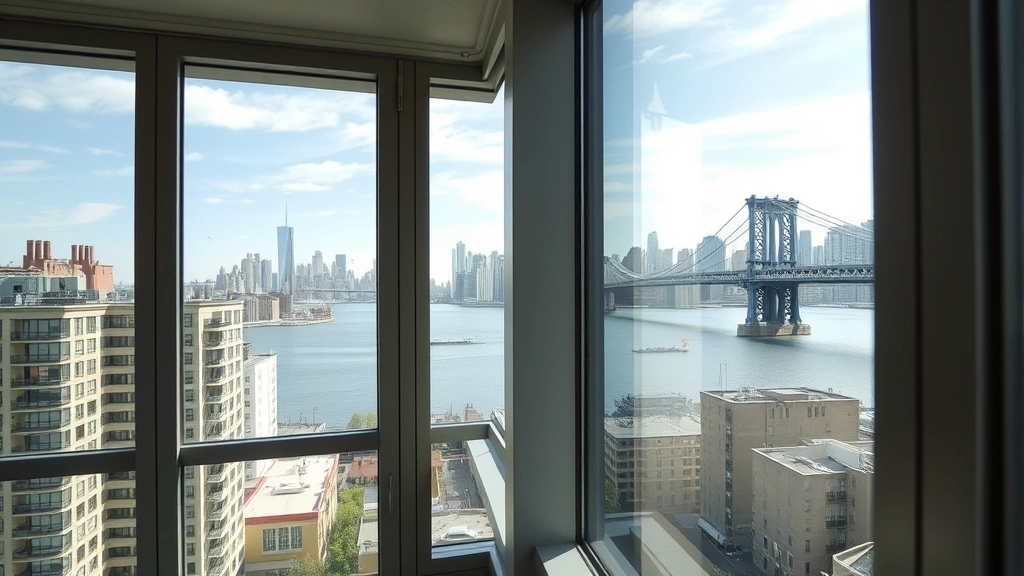 Brooklyn waterfront view showing hotel balcony or window overlooking Manhattan skyline and bridge, daylight streaming through modern windows, urban residential buildings visible in background, contemporary city landscape