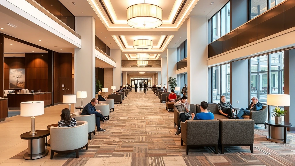 Hotel lobby or common area with comfortable seating arrangements, modern lighting fixtures, welcoming ambiance, guests relaxing in chairs, professional interior design with contemporary furniture, accessible pathways throughout space