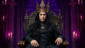 A regal figure with long flowing dark hair wearing an elaborate crown and formal dark gown, sitting on a throne in an ornate hall with mystical purple and black lighting, commanding and composed demeanor, photorealistic style